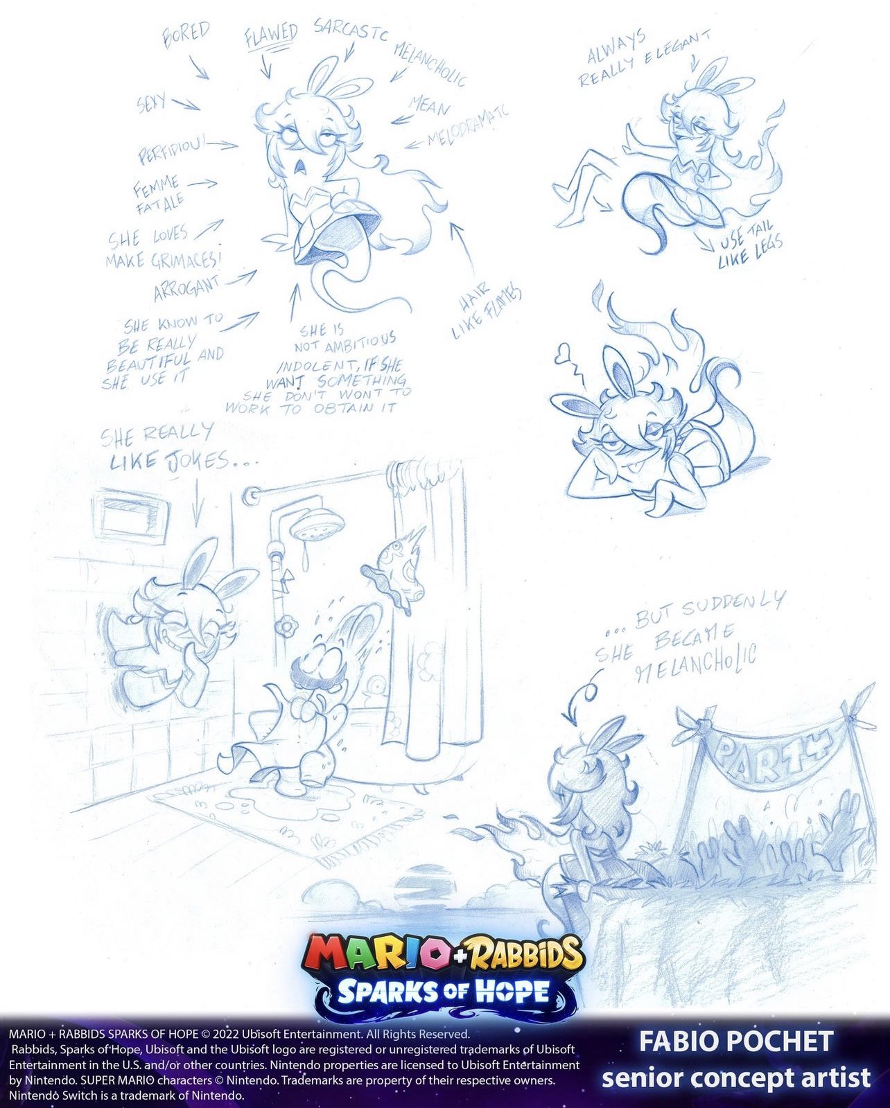 Concept art sketches of Midnite in Mario + Rabbids Sparks of Hope, drawn by Fabio Pochet