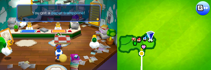 Mario getting the Paper Trampoline from the Delivery Toad in Sunbeam Plains of Mario & Luigi: Paper Jam.