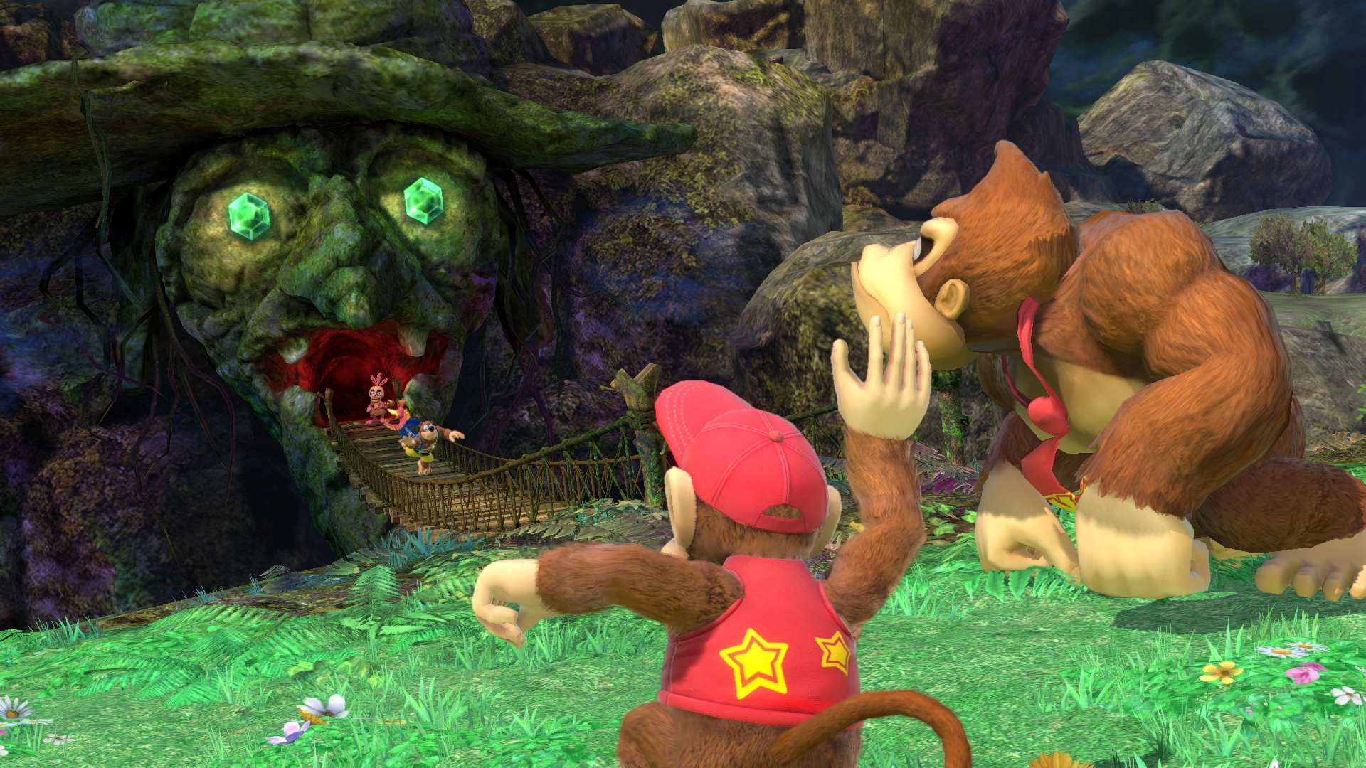 Diddy Kong and Donkey Kong looking at Banjo and Kazooie