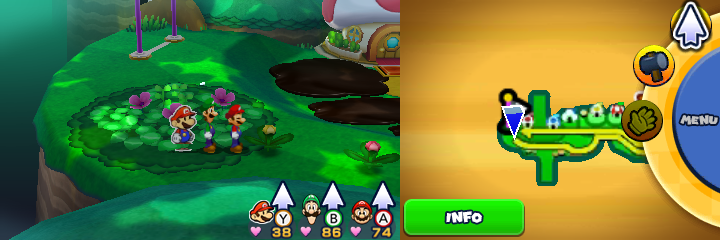 Group near 9 spinny flowers containing a Five Coin each in Wait Up, Yoshi! mission of Mario & Luigi: Paper Jam.