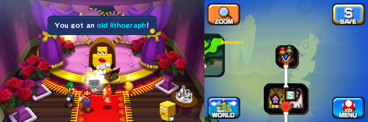 Mario getting the Old Lithograph from Broque Madame in Driftwood Shore of Mario & Luigi: Dream Team.