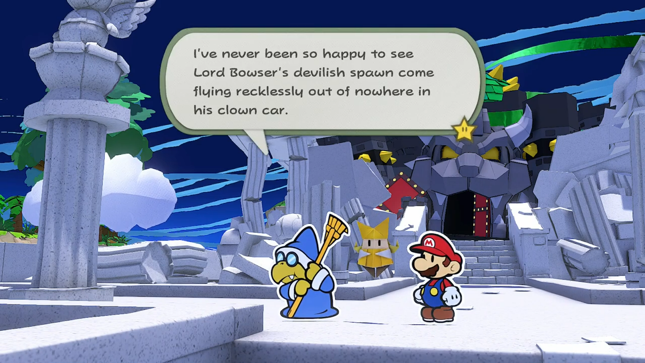 Mario, Olivia, and Kamek watch Bowser Jr. arrive