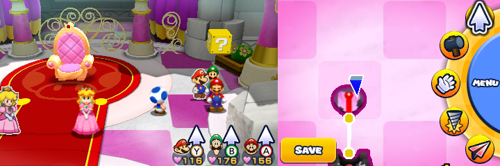 Fourth block in damaged Peach's Castle of Mario & Luigi: Paper Jam.