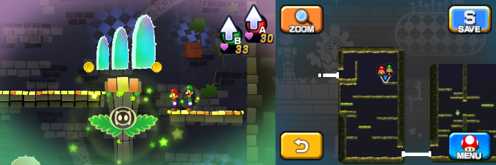 Mario and Luigi near two Coins in Dreamy Pi'illo Castle accessed by a Pink Pi'illo of Mario & Luigi: Dream Team.