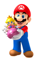 Mario holding a Mini Peach.