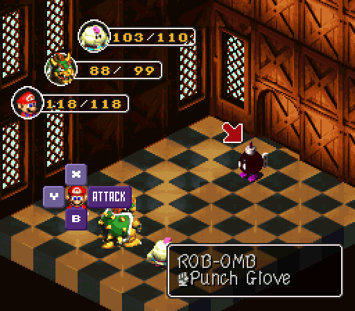 Mario using Punch Glove against a Rob-omb in Super Mario RPG: Legend of the Seven Stars