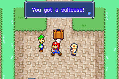Mario getting the Suitcase from Toadsworth in Toadtown Square of Mario & Luigi: Superstar Saga.