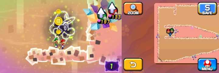 Mario and Luigi near 2 Coins and 100-Coin in Dreamy Dozing Sands accessed by sixth Pink Pi'illo of Mario & Luigi: Dream Team.