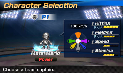 Metal Mario's stats in the baseball portion of Mario Sports Superstars