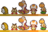 Several orange Paper Mario sprites being compared