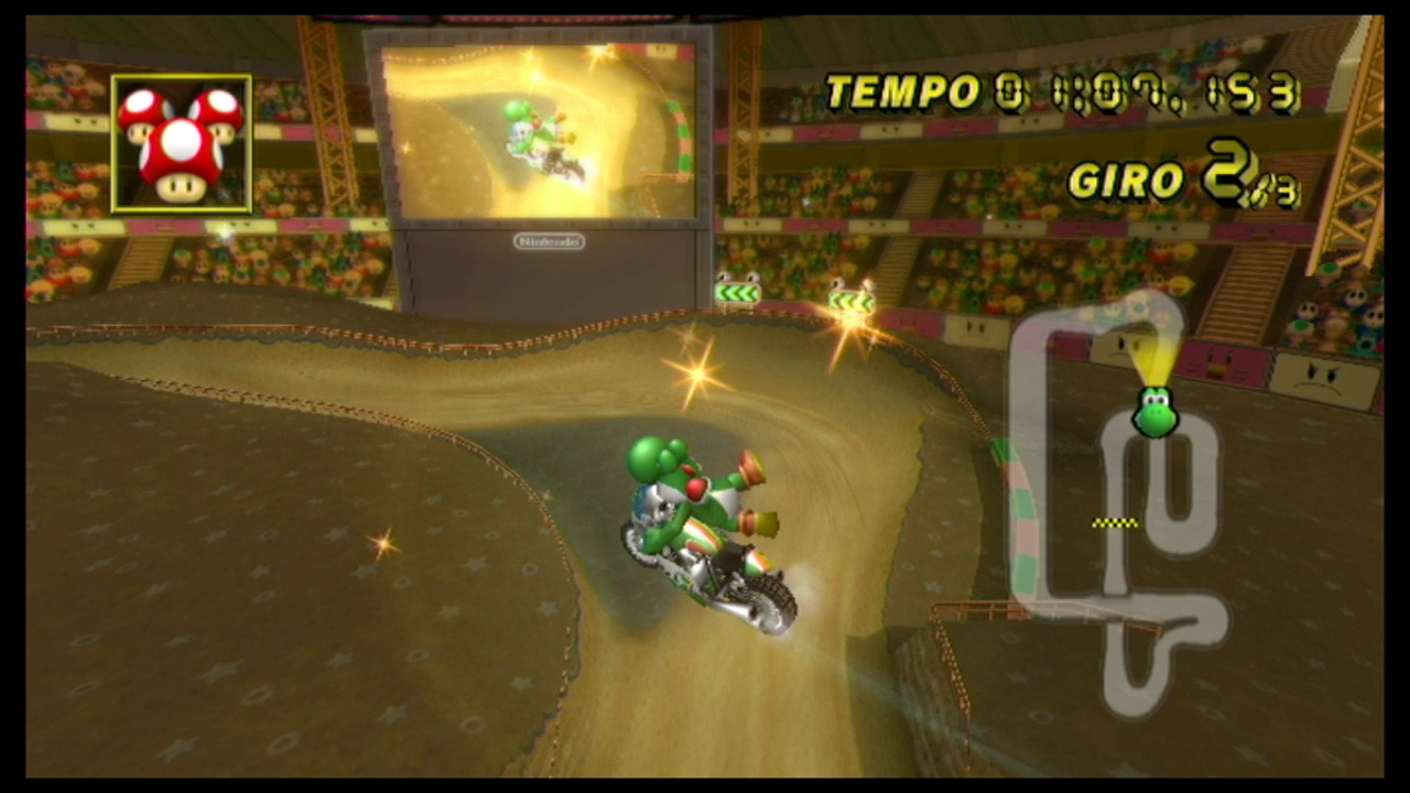 Yoshi, on a Mach Bike, performing a supposedly different "high right" trick.