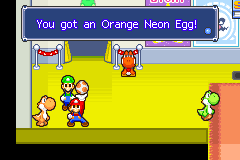 Mario and Luigi getting the Orange Neon Egg from starving orange Yoshi in Yoshi Theater of Mario & Luigi: Superstar Saga.