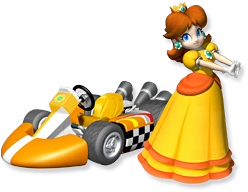 Artwork of Princess Daisy with her standard kart from Mario Kart Wii