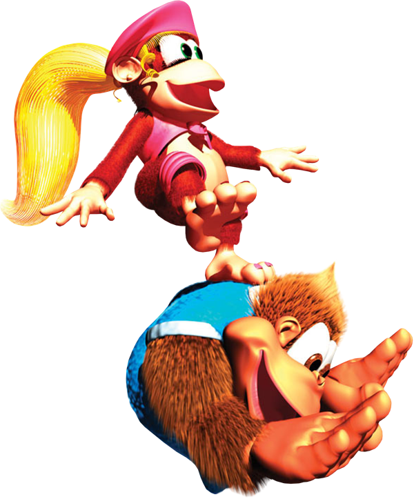 Artwork of Dixie Kong riding on Kiddy Kong, while Kiddy rolls.