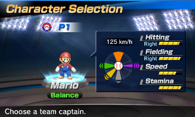 Mario's stats in the baseball portion of Mario Sports Superstars