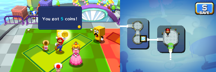 Mario being given 5 Coins from Broque Monsieur in Pi'illo Blimport of Mario & Luigi: Dream Team.