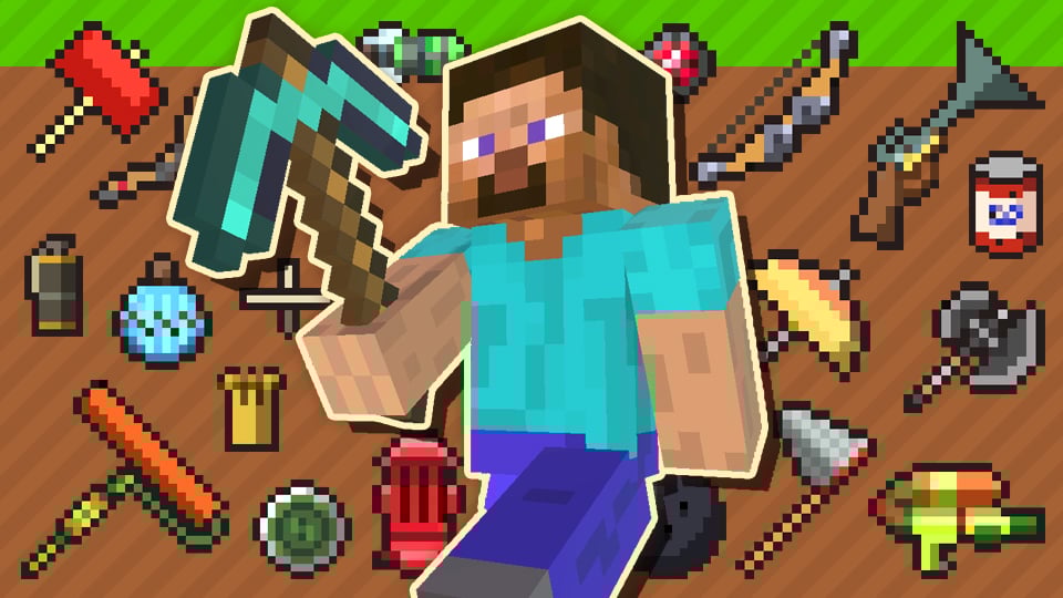 Promotional image for the "Tools of a Trade" Event Tourney, showing Steve and various special move-related objects, such as Daisy's parasol and King K. Rool's blunderbuss, drawn in the style of Minecraft