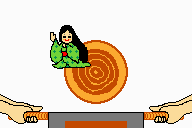 The woman in a kimono flying out of the log