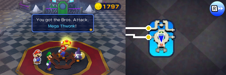 Mario getting the Mega Thwonk Bros. Attack from Nabbit in the Bad Nabbit mission of Mario & Luigi: Paper Jam.