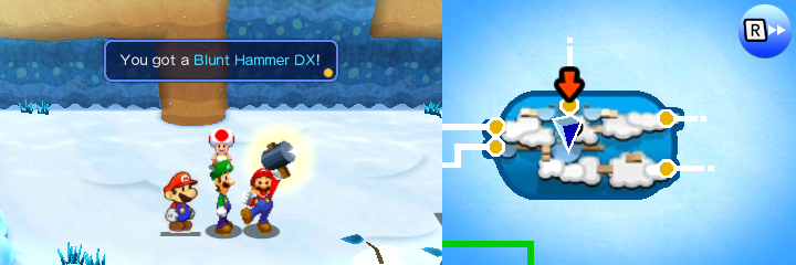 Mario getting the Blunt Hammer DX from a Toad in Mount Brrr of Mario & Luigi: Paper Jam.