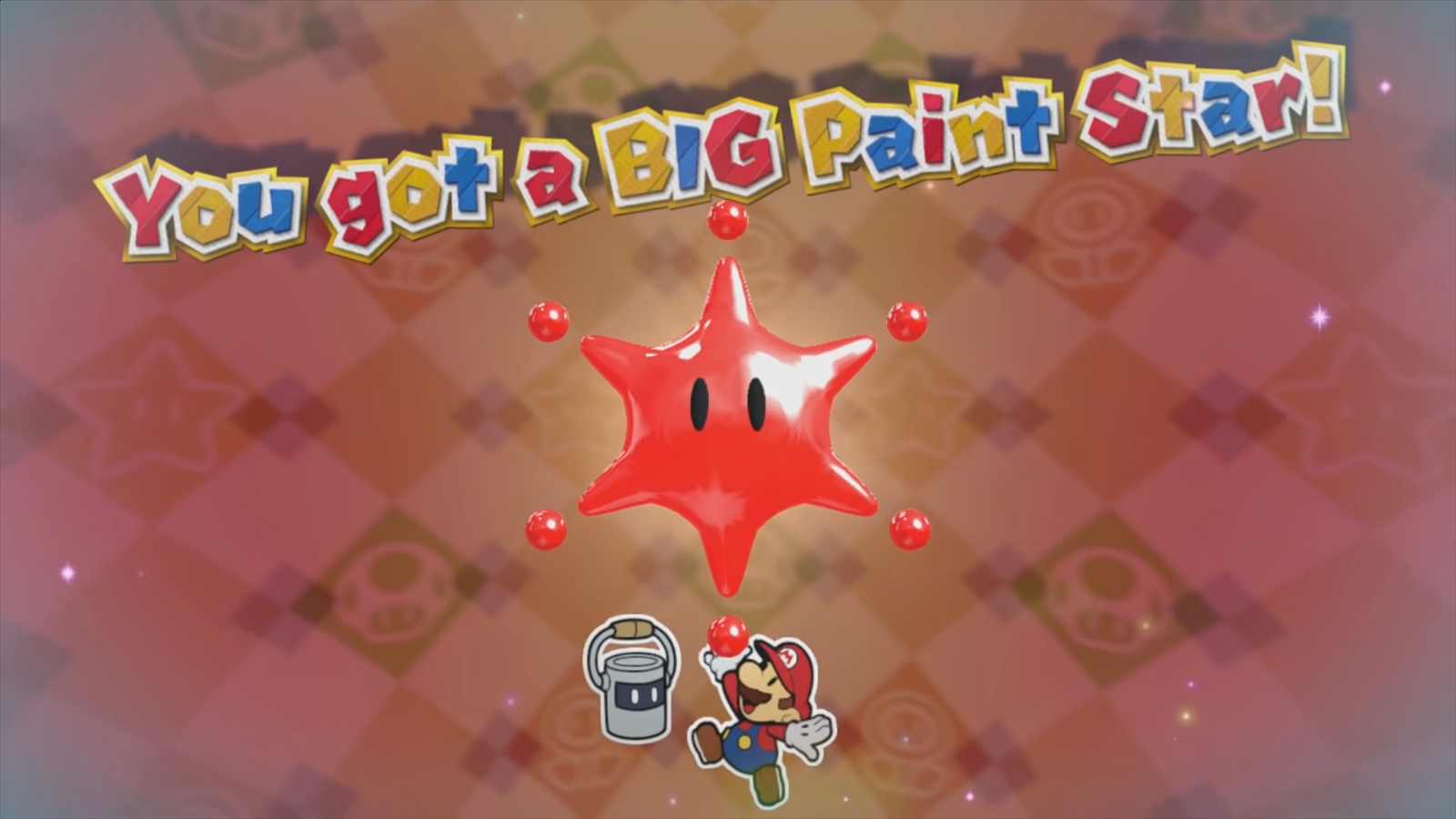 Mario and Huey getting a red Big Paint Star from Paper Mario: Color Splash