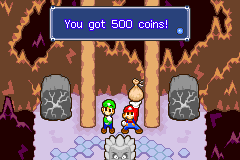 Mario and Luigi finding 500 Coins in the rock found in the Hammerhead Bros. cave in Beanbean Outskirts of Mario & Luigi: Superstar Saga.