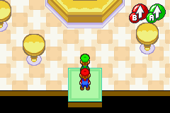 Screenshot of Mario and Luigi inside the Starbeans Cafe from Mario & Luigi: Superstar Saga