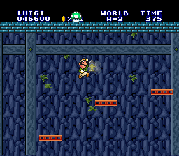 Luigi chasing a 1-Up Mushroom while jumping from platform to platform in World A-2