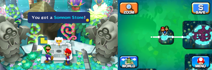 Luigi getting the Somnom Stone from a Pi'illo Master in Somnom Woods of Mario & Luigi: Dream Team.