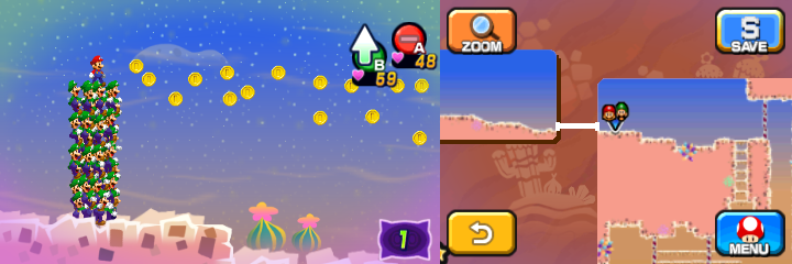 Mario and Luiginoids (in the shape of a stack) near 20 Coins (with 15 visible) in Dreamy Dozing Sands accessed by first Deco Pi'illo of Mario & Luigi: Dream Team.