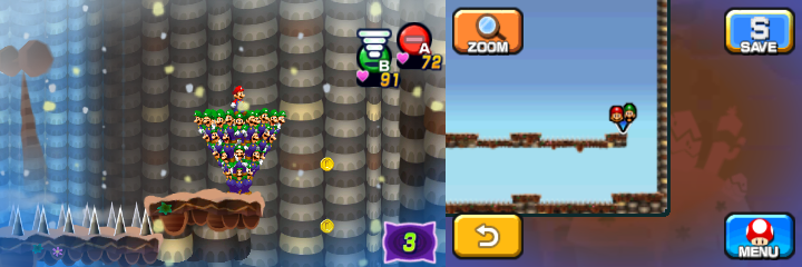 Mario and Luiginoids (in the shape of a cone) near 4 Coins (with 2 visible) in Dreamy Mount Pajamaja accessed by the Mega Pi'illo named Phil of Mario & Luigi: Dream Team.
