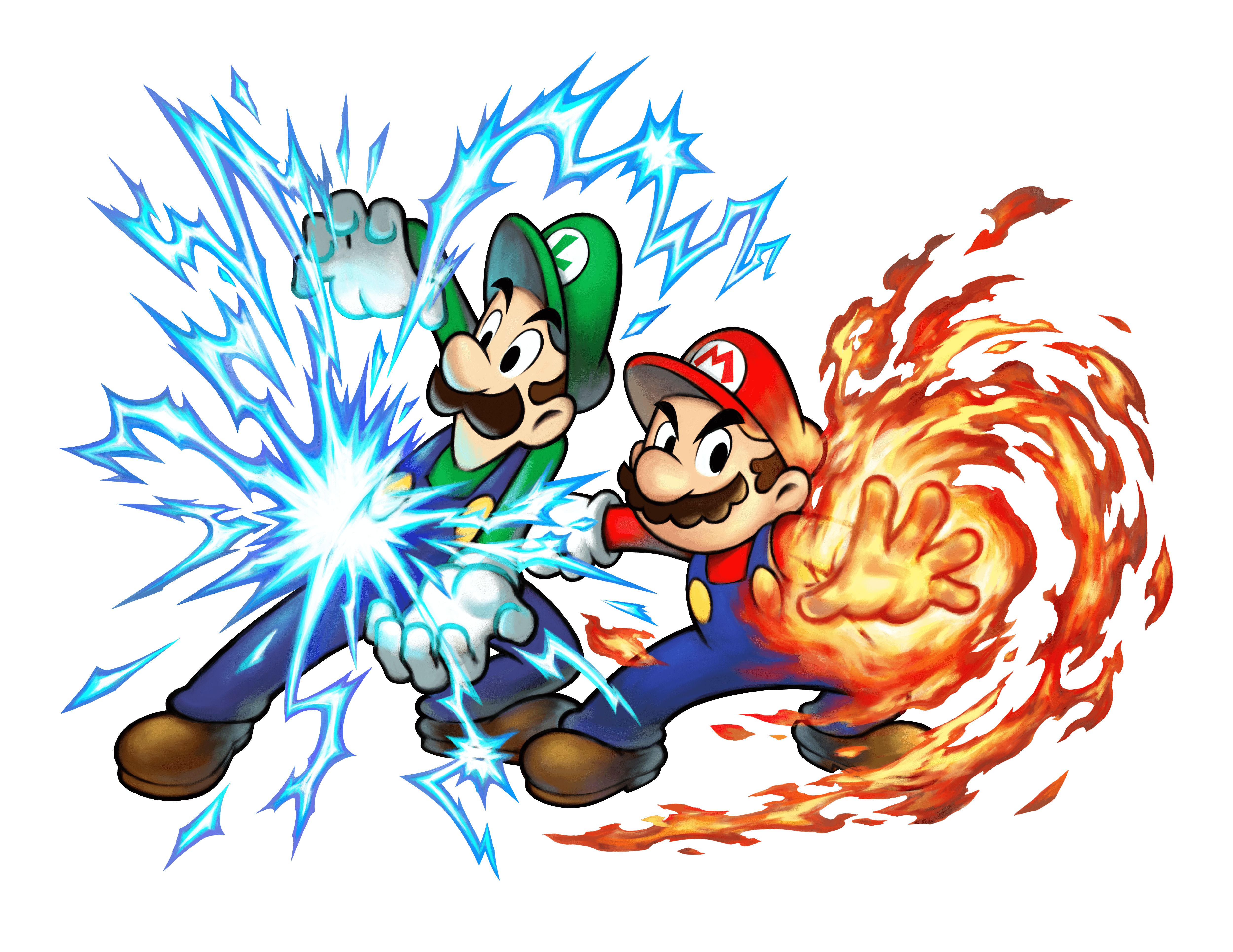 Mario and Luigi using the Firebrand and Thunderhand respectively in Mario & Luigi: Superstar Saga + Bowser's Minions.