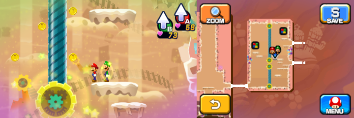 Mario and Luigi near 10 Coins (with 4 visible) in Dreamy Dozing Sands accessed by Dreampoint housing the Dream Stone's spirit of Mario & Luigi: Dream Team.