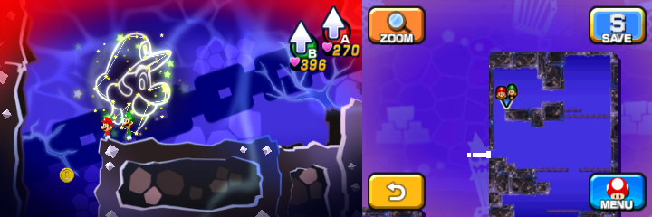 Mario and Luigi near 3 Coins (with one visible) in Dreamy Neo Bowser Castle accessed by a Dreampoint housing Bowser's dreams of Mario & Luigi: Dream Team.