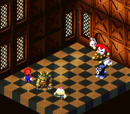 Bowser using Chomp on a Jester in Super Mario RPG: Legend of the Seven Stars