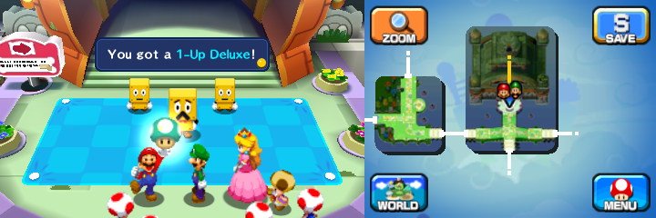 Mario being given a 1-Up Deluxe by Broque Monsieur in Pi'illo Blimport of Mario & Luigi: Dream Team.