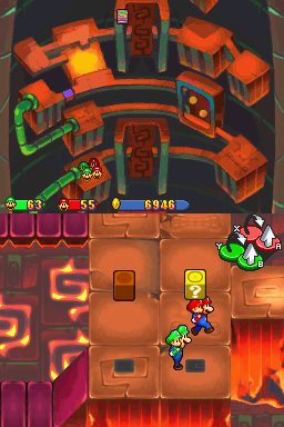 Mario and Baby Mario about to hit a ? Block in Thwomp Caverns.