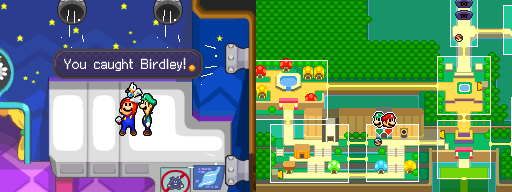 Mario and Luigi catching the Birdley in Toad Town of Mario & Luigi: Bowser's Inside Story.