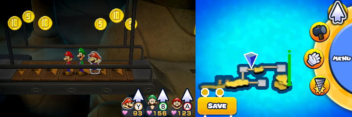 Group near 3 Five Coins and 3 10-Coins in Twinsy Tropics of Mario & Luigi: Paper Jam.