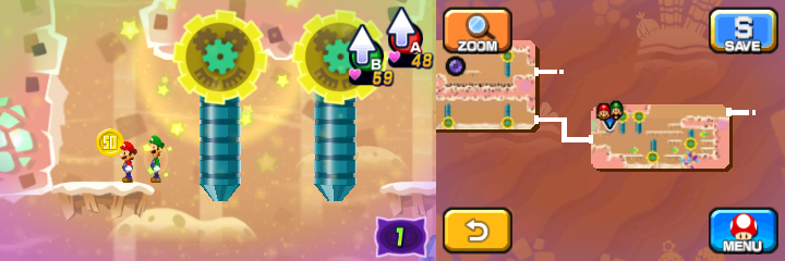 Mario and Luigi near a 50-Coin in Dreamy Dozing Sands accessed by second Deco Pi'illo of Mario & Luigi: Dream Team.