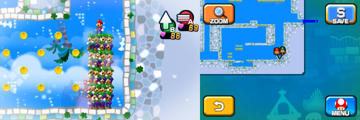 Mario and Luiginoids (in the shape of a stack) near 16 Coins (with 10 visible) in Dreamy Wakeport accessed by Big Massif's Dreampoint of Mario & Luigi: Dream Team.