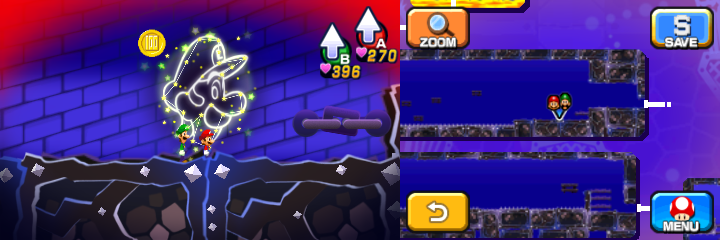 Mario and Luigi near a 100-Coin in Dreamy Neo Bowser Castle accessed by a Dreampoint housing Bowser's dreams of Mario & Luigi: Dream Team.