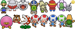 Sprites of various characters and enemies in Paper Mario: The Thousand-Year Door.
