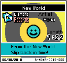 The shelf sprite of one of Mona's records (New World) in the game WarioWare: D.I.Y., as it appears on the top screen.