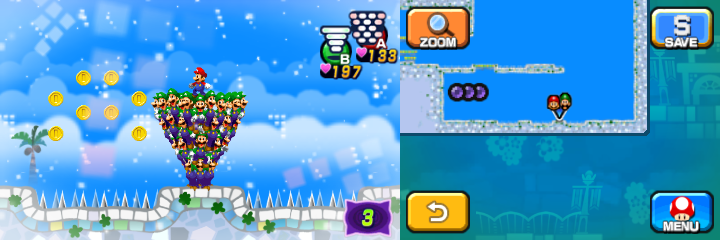 Mario and Luiginoids (in the shape of a cone) near 8 Coins in Dreamy Wakeport accessed by the fourth Pink Pi'illo of Mario & Luigi: Dream Team.