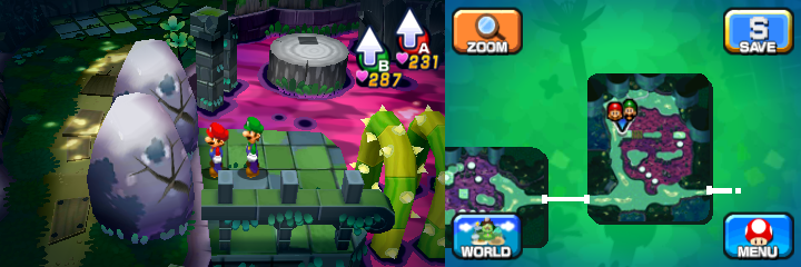 Mario and Luigi near two boulders containing a Coin each in Somnom Woods of Mario & Luigi: Dream Team.