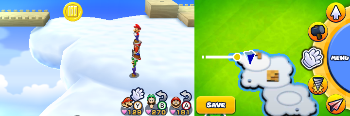 Group near a 100-Coin in Sunbeam Plains of Mario & Luigi: Paper Jam.