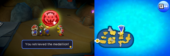 Mario getting up the Red Medallion back from one of the Fire Bros. in Hunt for the Medallion mission of Mario & Luigi: Paper Jam.