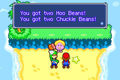 Mario and Luigi getting 2 Chuckle Beans and 2 Hoo Beans from pink Oho Jee in Oho Ocean of Mario & Luigi: Superstar Saga.