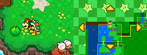 Bowser near a clump of grass which contains a 10-Coin in Dimble Wood of Mario & Luigi: Bowser's Inside Story.